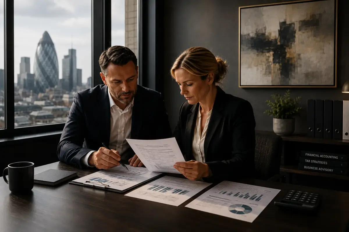 Accountants reviewing tax documents in a London office