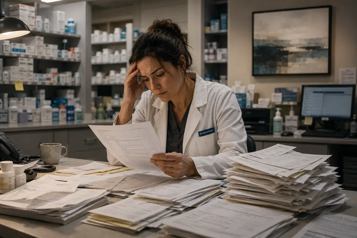 Pharmacist sorting paperwork and tax records
